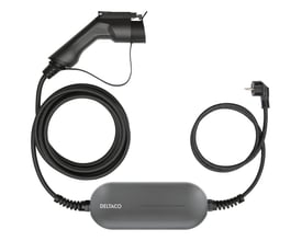 Samlet overblik over Deltaco e-Charge Mode 2 ladekabel med 5.5 meters længde, viser Schuko og type 1 stik.