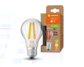 Ledvance E27 Energy standard filament LED-pære på 5W med 1055lm og 3000K, vist sammen med sin papemballage.