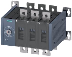 Siemens SENTRON 3KC overførsel kontakt, størrelse 4, 3-polet, 630A, manuelt betjent med et drejehjul til ON/OFF funktion, i grå og sort plast med metal terminaler.