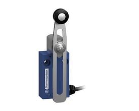 Telemecanique Sensors XCMH2145L2 miniature-endestopkontakt med blåt hus, rullehåndtag og sideført kabel.