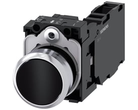 Siemens Sirius ACT trykknap, 22mm, rund, i sort metal med skinnende finish og bagmonteret kontaktmodul.