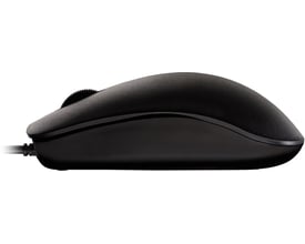 Sort Cherry MC 1000 optisk mus set fra siden med afrundet, symmetrisk form og tilsluttet kabel.
