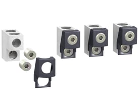 Schneider Electric klemmesæt til 35-300mm2 kabel, vist med 4 samleklodser, 2 indsatsskruer og et løst sort plasthætte.