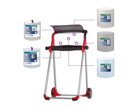 Oversigt over Tork gulvstativ med tilhørende Tork aftørringspapirruller i forskellige pakninger, vist med linjer der forbinder dem.