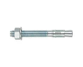Index betonanker med M10 gevind og 120mm længde, FZB-behandlet. Ankeret har gennemstiksfunktion og er vist med møtrik og spændeskive.