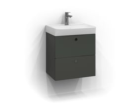 Svedbergs Intro underskab i salvie mat med to skuffer og hvid porcelænsvask med armatur monteret på væg.