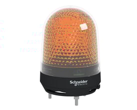 Orange Schneider Electric XVR3 signallampe med buzzer, 100-230 VAC, set fra siden med synlige monteringsbeslag.