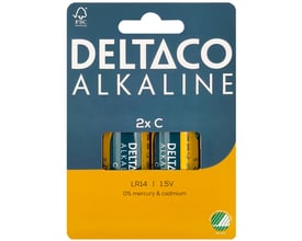DELTACO C/LR14 alkalisk batteri på 1,5 V i gul og mørkeblå emballage med batterier synlige gennem vinduet.