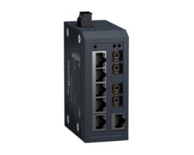 Sidevisning af Schneider Electric Modicon Unmanaged Switch, der viser dens kompakte design med kobber- og fiberporte.