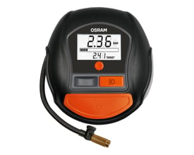 Osram Tyreinflate 1000 digital dækoppumper i sort og orange med lysende display, der viser dæktryk og mål. Hvid baggrund.