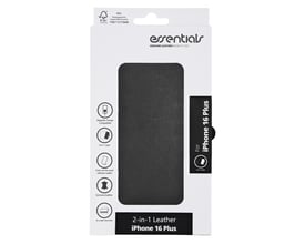 Emballagen til Essentialb sort lædercover til iPhone 16 Plus viser coveret gennem et vindue og dets funktioner.
