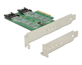 DeLock PCI Express-kort med tre M.2-slots, vist skråt sammen med to beslag, herunder et low-profile-beslag.