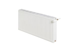 Stelrad Compact All In type 22 radiator, 400mm høj og 2000mm lang, hvid med synlig termostat og hvid baggrund.