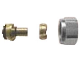 Eurorad omløber til 16 x 2 mm PEX- og AluPEX-rør, vist som tre separate dele, inklusive en messingfitting og en omløbermøtrik.