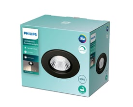 Emballage for Philips Dive indbygningsspot i sort, vist fra skrå vinkel med produktbilleder og tekniske symboler som IP65 og LED.