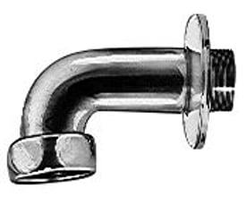 Detaljeret sidebillede af Grohe afgangsbøjning DN 32 i krom, fremhæver tilslutningsgevind og roset.