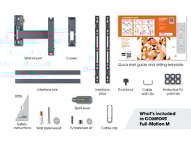 Oversigt over alle dele til Vogel's TVM 3425 vægbeslag, inklusiv beslag, skruer og installationsvejledning.