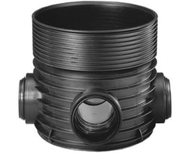 Wavin Tegra rense- og inspektionsbrønd Ø600 mm i sort PP-plast med tre 200 mm indgange og én 200 mm afgang.