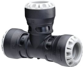 Sort push-in tee med hvide koblinger til 25 mm rør, designet for nem og hurtig VVS-installation.