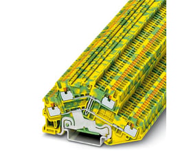 Phoenix Contact PTTBS 1,5/S-PE jordleder-etageklemme i grøn/gul, set skråt med de åbne ender synlige.