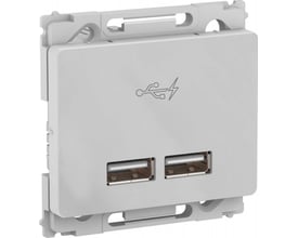 Lauritz Knudsen OPUS 66 dobbelt USB-lader i lysegrå med to USB-A hun stik og USB-logo på fronten.