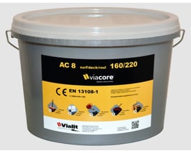 NID Viacore reparationsasfalt i 25 kg spand med gråt låg og håndtag, mærket med produktinformation og symboler for anvendelse.