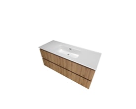 Vinklet billede af Sanibell Proline 121 cm møbelsæt i urban eg med hvid porcelænsvask og 2 praktiske softclose skuffer.