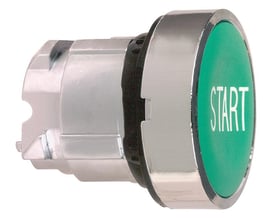 Sidevisning af Schneider Electric Harmony trykknap, der viser den grønne "START" trykflade og monteringsmekanismen med sort gummitætning.