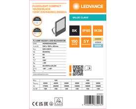 Informationsgrafik med tegning af sort Ledvance Floodlight Compact-projektør og specifikationer for lysstyrke, effekt og farvetemperatur.