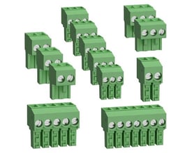 Schneider Electric M172 18 I/O skrue terminal blokke i grøn plast med forskellige antal terminaler og skruer.