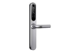 Zafe T-Lock SCANDI smartlås i rustfrit stål med sort talpanel, kortlæser og vandret dørgreb.