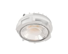 Ansell Lighting Prism Pro XM-lysmotor til downlight ses skråt nedefra med hvidt hus og klar reflektor.