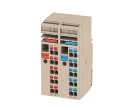 Set fra siden: Weidmüller push-in distributionsblok med 2x 10mm² (rød/blå) og 10x 2.5mm² (rød/blå) tilslutninger i beige.