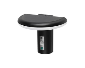 Sort V-TAC LED-solcellehavelampe med sensor, buet lysfelt og solcellepanel på toppen, set forfra.