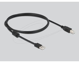 Sort USB-kabel med USB-A- og USB-B-stik, vist som tilbehør til DeLock trådløs 1D- og 2D-stregkodescanner.