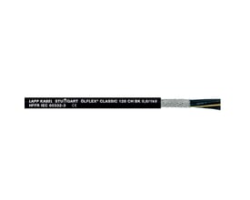 Lapp Olflex Classic 128 CH BK kabel, 0,6/1kV 5G6, med markeringer og afskærmning synlig ved kabelenden.