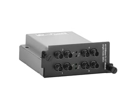 Weidmüller industriel switch IE-SWM-SL04-4STS med gråt kabinet og sort front med fiberstik og grønne indikatorer.