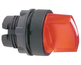Detaljebillede af Schneider Electric ZB5AK1243 drejegreb med lys, der viser den røde grebsdel og en del af koblingsmekanismen.