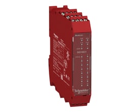 Schneider Electric Modicon udvidelsesmodul med 16 status outputs, rød med hvide markeringer og skrueterminaler.