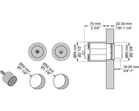 Diagram over Vola Trykknap A83 med dimensioner og monteringsvejledning, viser mål i mm og tommer.