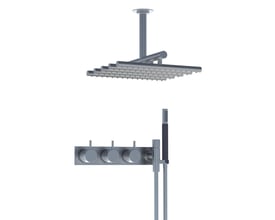 Vola indbygningstermostat med omskifter T2 og håndbruser i børstet stål med tre drejeknapper.