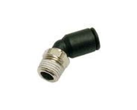 Parker 45° vinkelkobling til 6mm slange med R1/8 udvendigt BSPT gevind i sort teknisk polymer.