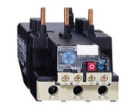 Schneider Electric termorelæ LRD3363 med beige bund og mørkegrå top, viste tilslutningspunkter på bagsiden.