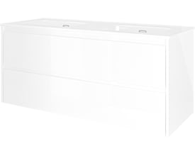 Sanibell Proline møbelsæt i hvid højglans, 121x46cm, med to integrerede softclose skuffer og dobbeltvask uden hanehul.