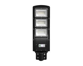 V-TAC VT-St180 LED solcelle gadelygte set forfra med tre lysenheder og sensor i sort PC-hus.