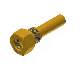 Tredimensionel gengivelse af Danfoss følerlomme i skinnende messing, med tydeligt G1/2 - 14 NPT gevind og 65 mm indstikslængde.