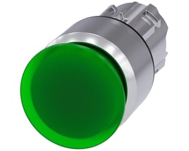 Siemens Sirius ACT paddehattryk i grøn med belyst front og 22mm diameter, vist med metalramme på hvid baggrund.