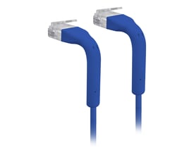 Blåt Ubiquiti UniFi Cat 6 Ethernet-patchkabel på 0,3 meter med gennemsigtige RJ45-stik i begge ender.
