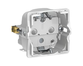 Lauritz Knudsen LK FUGA stikkontakt med Schuko jord, 1 modul bredde, uden afdækning, viser de interne tilslutningsklemmer.