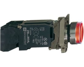Schneider Electric Harmony XB4 rød lampetryk med LED-teknologi, vist fra siden med monteringsbeslag og elektrisk tilslutning.